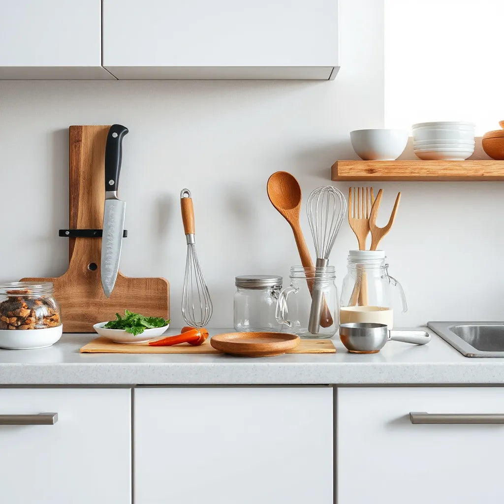 Neatly arranged kitchen tools on a countertop, including knife, whisk, spatula, and measuring cups