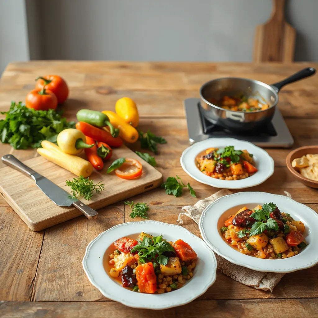 Smaakvolle borden met verse ingrediënten en groenten op een houten aanrecht in een lichte keuken
