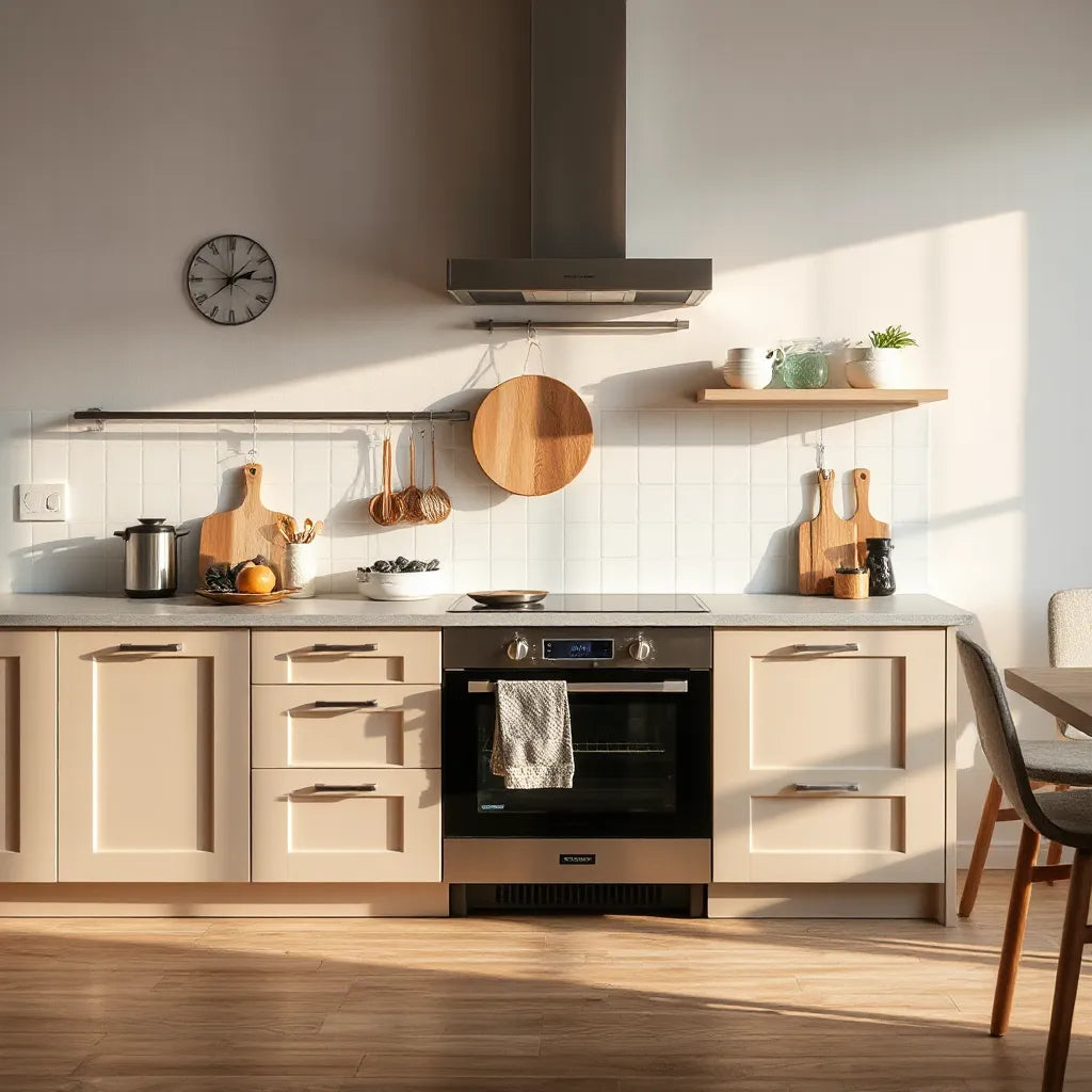 Stijlvolle moderne keuken met zichtbare roestvrijstalen Duitse keukenapparatuur zoals oven, kookplaat en koelkast