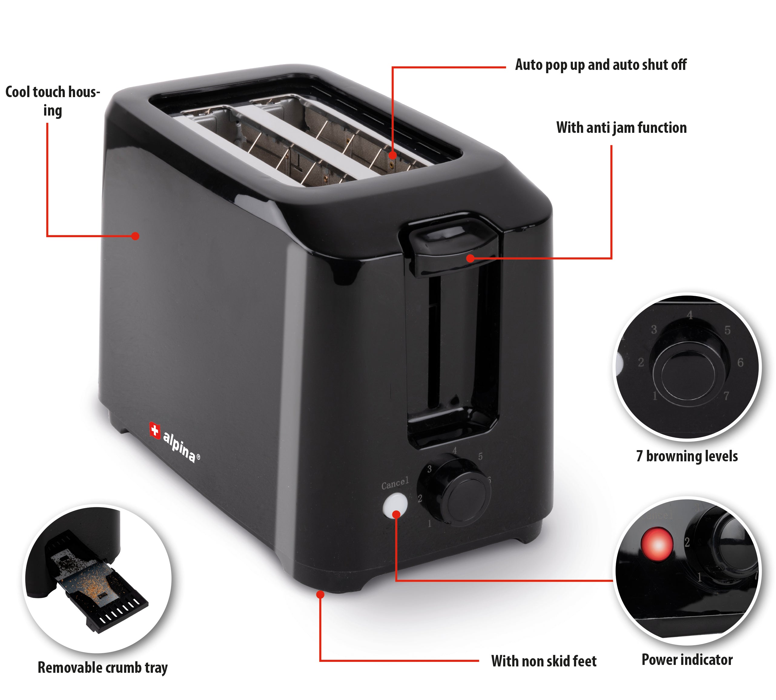 Toaster 700W Pl Black