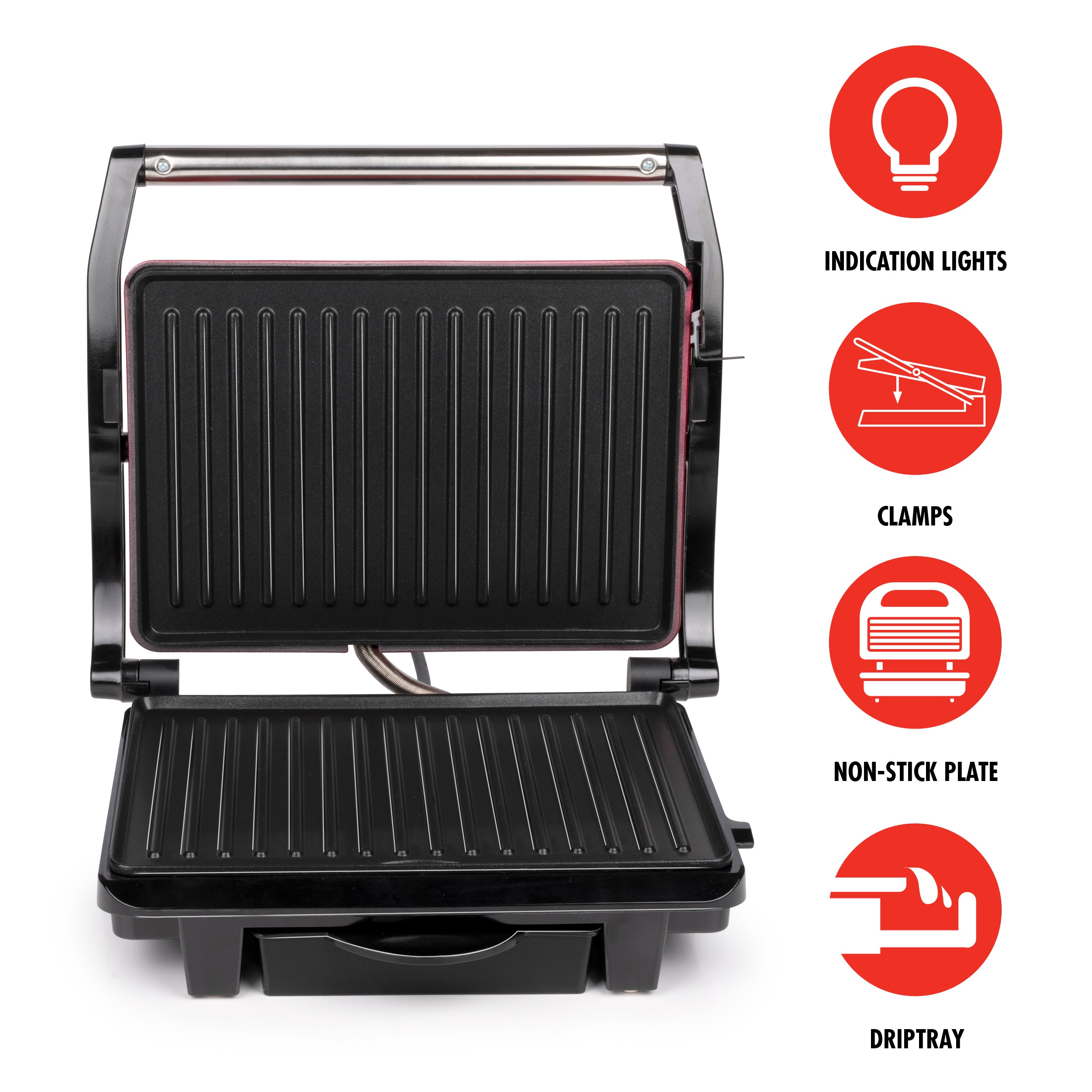 Alpina Contact Grill - Tosti Ijzer - Anti-Aanbaklaag - 1000W - Zwart/Rood