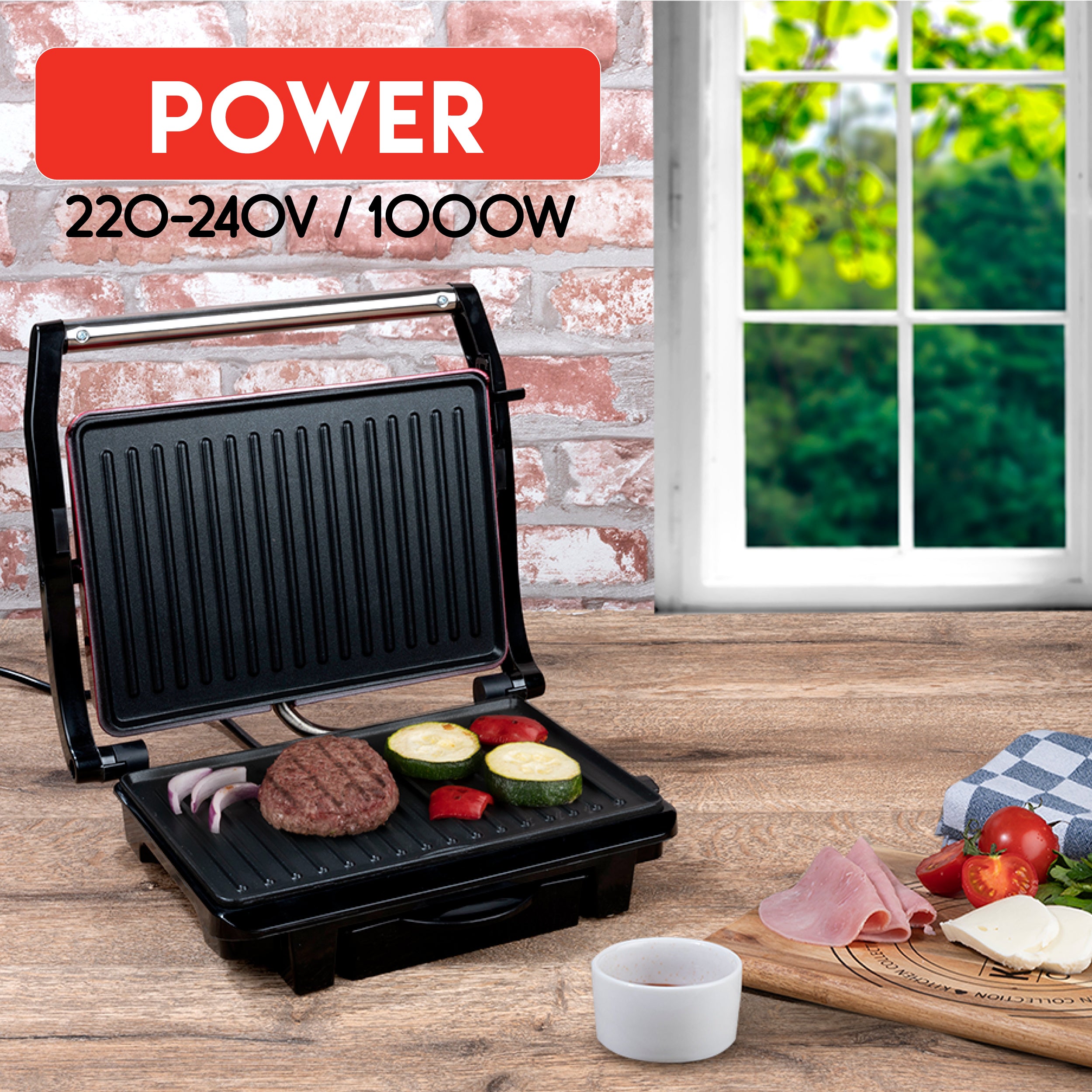 Alpina Contact Grill - Tosti Ijzer - Anti-Aanbaklaag - 1000W - Zwart/Rood