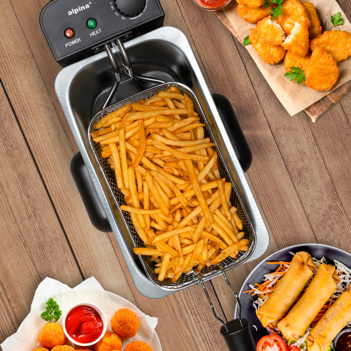 Alpina Frituurpan 3 Liter - Friteuse Met Instelbare Thermostaat - Frituur Met Uitneembare Mand - Frietpan 2000W - 32,3 X 20,5 X 18,9 Cm - Rvs